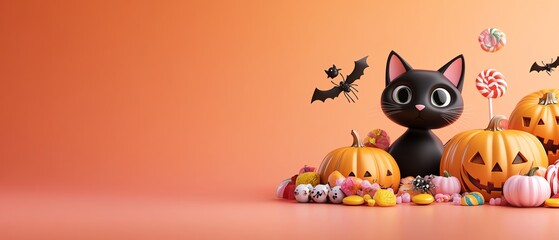 Cute black cat surrounded by colorful Halloween pumpkins and candy on an orange background, perfect for festive decor.
