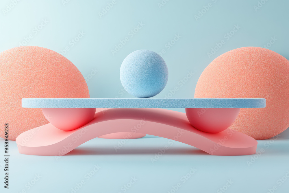Poster abstract composition with pastel spheres on balanced structures, minimalistic and modern design in s