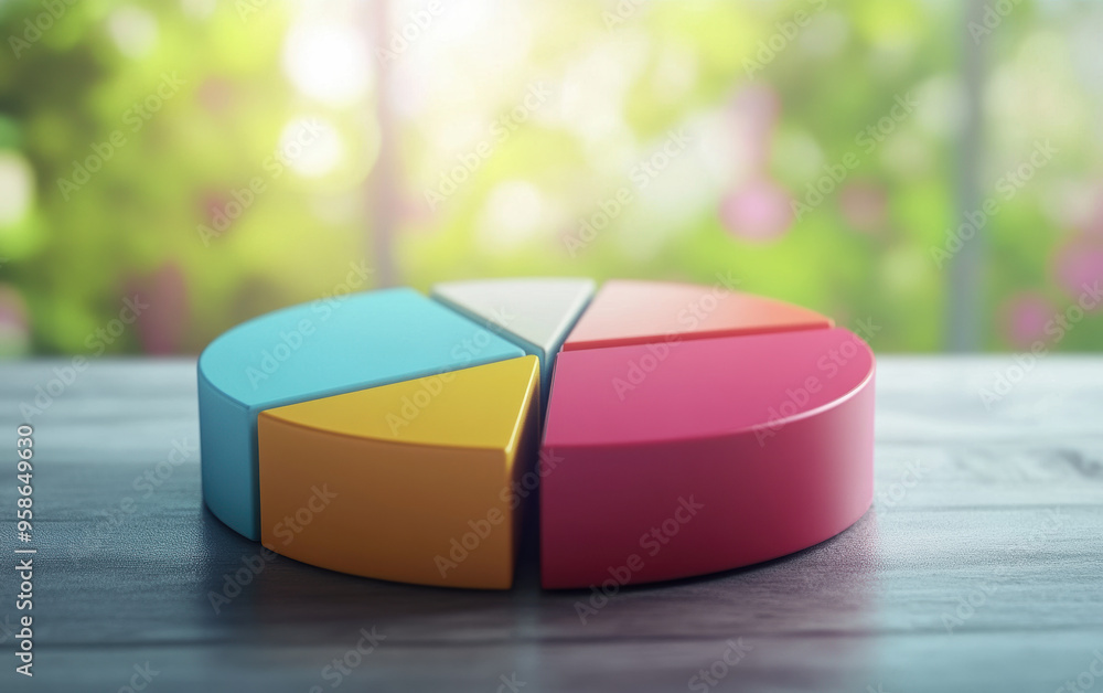 Poster colorful pie chart on a wooden table with a blurred nature background, representing statistical data