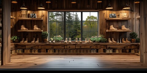 A beautifully rustic wooden room with a large window featuring a scenic forest view, displaying a collection of leather boots and wicker baskets