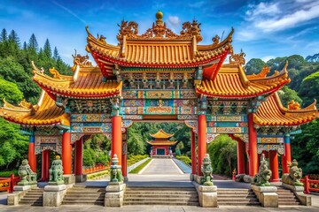 Naklejka premium Chinese lion decorated archway at Wen Wu Temple in Nantou Taiwan, cultural, close-up, archway, tourism, ornate, traditional, traditional art, intricate, sculpture, spiritual