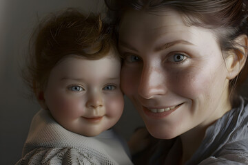 A smiling Caucasian woman with light brown hair holds an expressive doll, both exuding warmth and joy in a soft-lit setting.