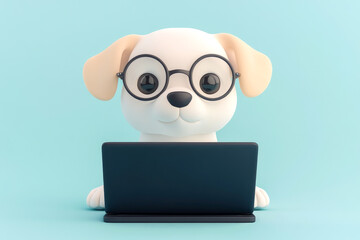 White puppy with glasses using a laptop, symbolizing intelligence, learning, and technology, set on a teal background.