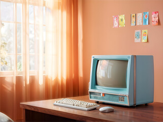 blue retro computer, mouse and keyboard on table near window, workplace, 90s, vintage, nostalgia, cozy light, colorful teenager room in orange, pictures on wall, youth, childhood