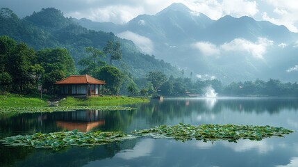Fototapeta premium A tranquil scene of a small wooden house on the edge of a lake surrounded by lush greenery and misty mountains in the background.