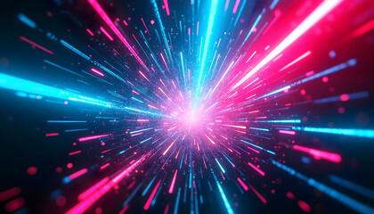 a vibrant explosion of colorful neon light streaks, in pink and electric blue against a dark cosmic background, fireworks