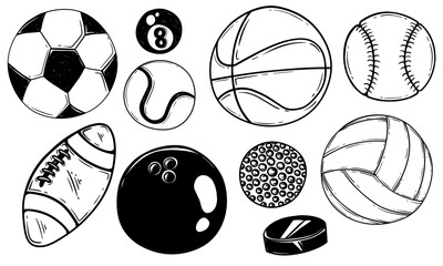Set of scibble hand drawn sports ball illustration doodles. Cartoon sketch isolated on white background. there are football, basketball, baseball, bowling, volleyball, rugby vector illustration.