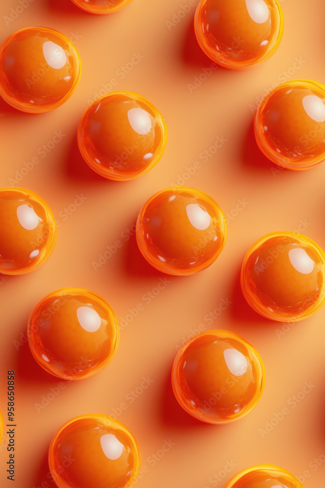 Poster orange, reflective spheres arranged in a grid pattern on a matching orange background, creating a mo