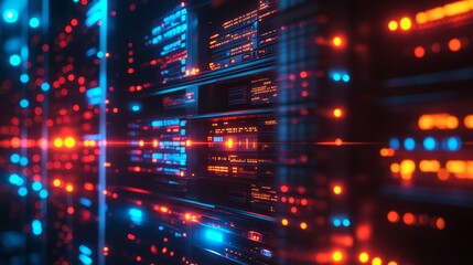 Futuristic data flow with glowing lights and digital patterns, ideal for technology and networking themes.