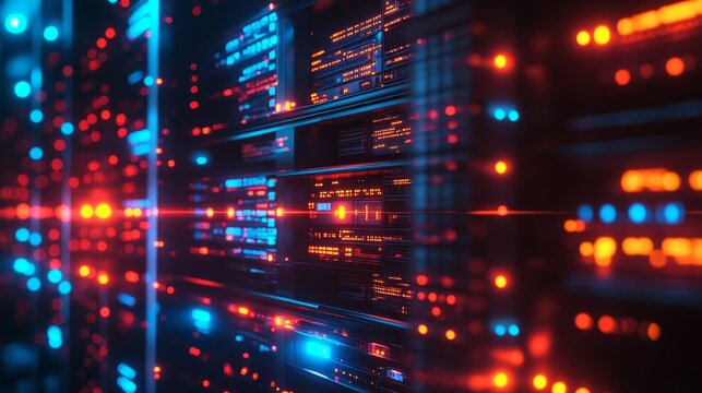 Futuristic data flow with glowing lights and digital patterns, ideal for technology and networking themes.