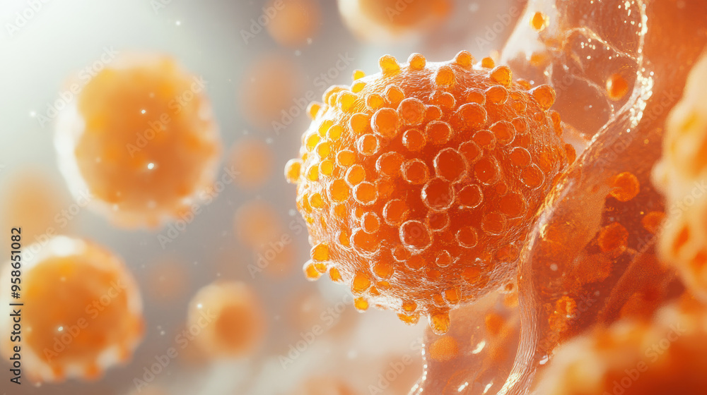 Aufkleber close-up of microscopic orange molecules with cellular structures floating. high-resolution scientif