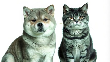 Fototapeta premium A Shiba Inu Dog and a Tabby Cat Sitting Together