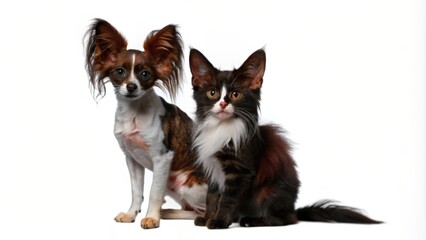 Obraz premium A Brown and White Papillon Dog and a Black and White Cat Sitting Together