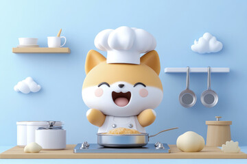 A cartoon fox wearing a chef hat, happily cooking a dish in a pan, standing in a kitchen setup with a light blue background.