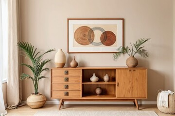 Wooden cabinet decor in a living room with minimal art frame on a beige wall and copy space. Room Decor Concept.