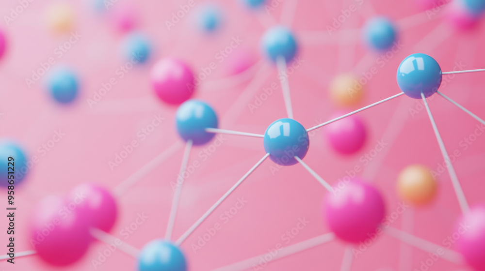 Poster abstract background with colorful pink and blue spheres connected by lines on a soft pink backdrop. 