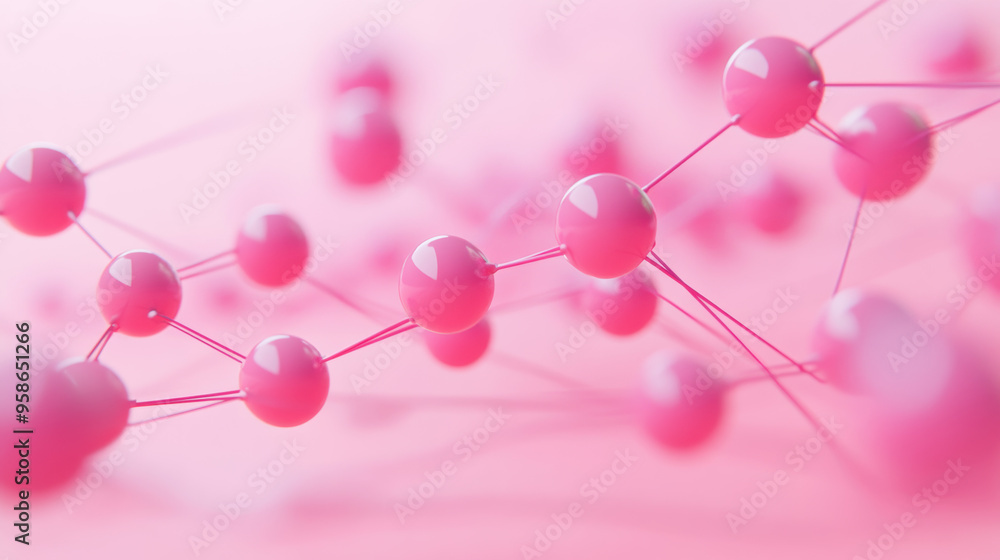 Poster abstract pink molecular structure with connected spheres forming a network on a soft pink background