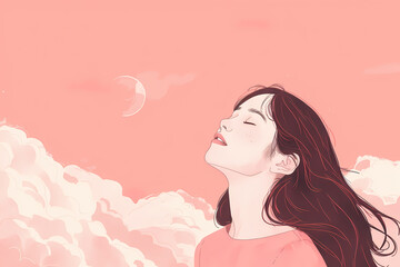 A serene Asian woman with long hair enjoys a moment of tranquility against a pastel pink sky filled with soft clouds and a crescent moon.