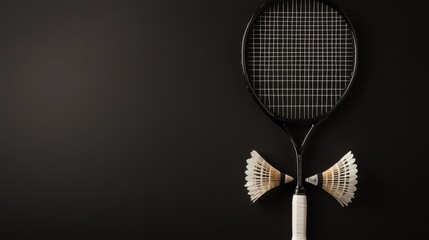 Tennis Racket and Shuttlecocks on Black Background