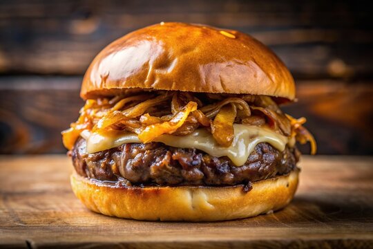 savory,burger, meal, gourmet, cheddar cheese, cheeseburger, A close up stock photo of a delicious burger with caramelized onion and cheddar cheese taken from a worm s eye view