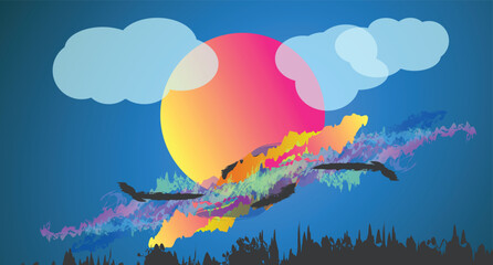 abstract vector illustration of sunset in the sky with clouds 