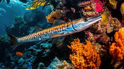 Striped Barracuda Swimming Through Vibrant Coral Reef