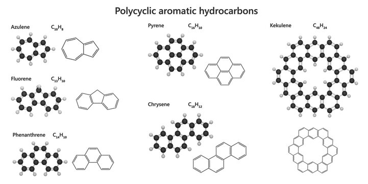 Educational material on molecules from the class poly-cyclic aromatic hydrocarbons. The poster shows 2d structures and 3d models of molecules: azulene, fluorene, kekulene. 3d illustration