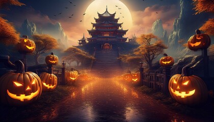 Obraz premium カボチャ、ハッピーハロウィン、トリックオアトリート、お城、夜のお祭り12
