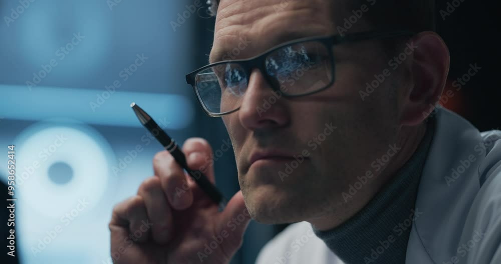 Aufkleber Modern Neuroscience Lab: Portrait of Scientist in Glasses Examining Brain Scans on High-tech Monitors, Focusing on Neurological Data. Advanced Medical Research and Innovation in Progress.