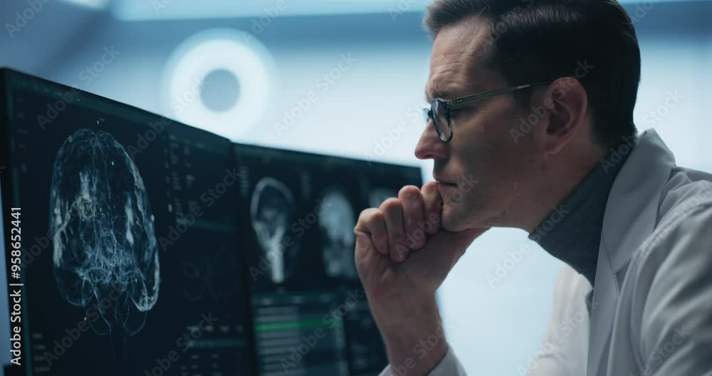 Poster Neurologist Examines Intricate Brain Scans on Multiple Screens. Advanced Neuroimaging Technology Reveals Complex Neural Pathways, Display Showing CT Scan in a Modern Medical Environment.