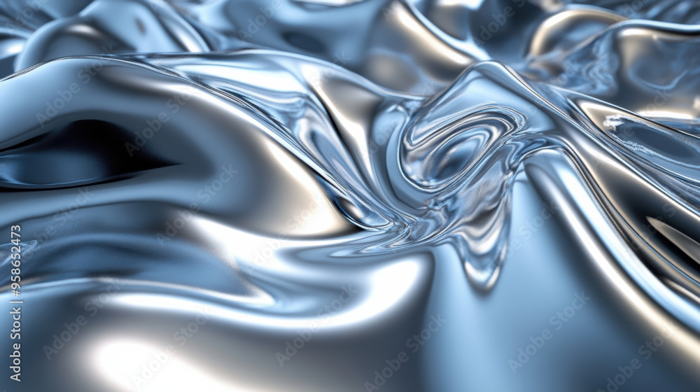 Poster a close-up view of smooth, glossy metallic fabric with folds and reflections creating a futuristic a