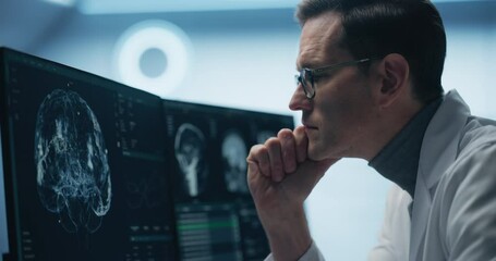 Neurologist Examines Intricate Brain Scans on Multiple Screens. Advanced Neuroimaging Technology Reveals Complex Neural Pathways, Display Showing CT Scan in a Modern Medical Environment. - Powered by Adobe