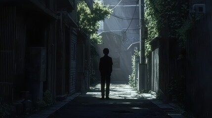 A lone figure faces an uncertain future in a poorly lit alley, where shadows loom and nature begins to reclaim the space
