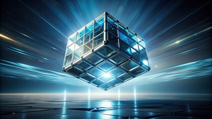 Abstract futuristic flying cube hovering in empty space with a worm s eye view perspective, minimalistic, surreal, concept, digital, design, sci-fi, innovation, shape, flying, geometric