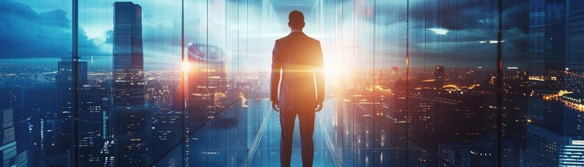 A silhouette of a businessman gazing at a city skyline illuminated by the dawn, symbolizing ambition and opportunity.