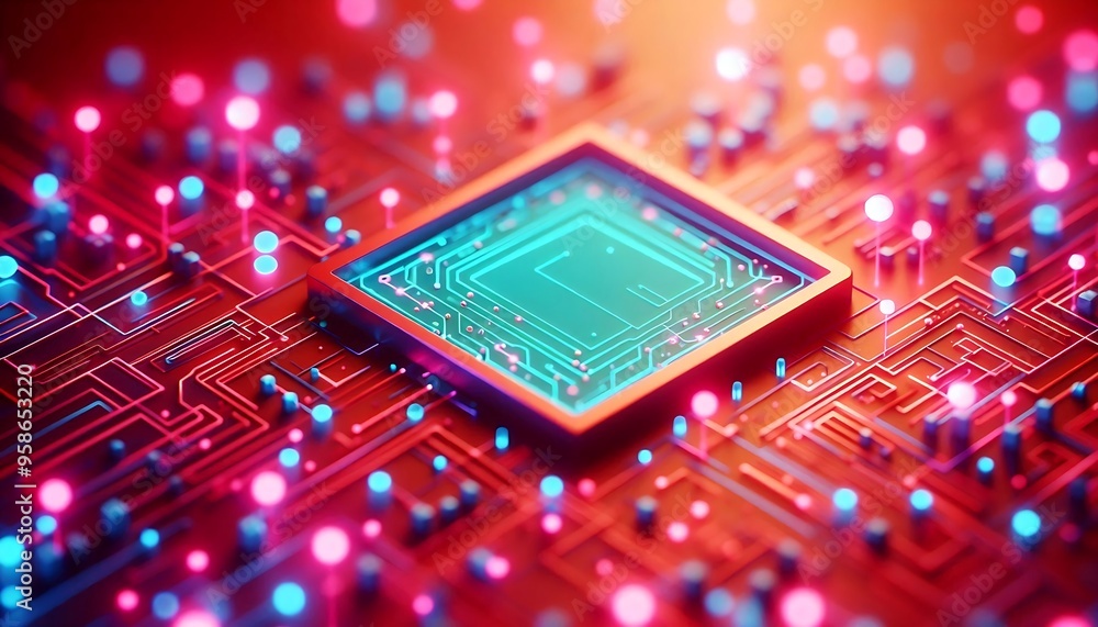 Poster a computer chip with a green square in the middle. the chip is surrounded by a red background