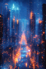 Fototapeta premium Futuristic cyberpunk cityscape at night with neon lights and towering skyscrapers. A vibrant, high-tech urban environment.