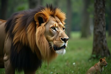 Fototapeta premium Majestic Lion in a Lush Forest. Wild Life.