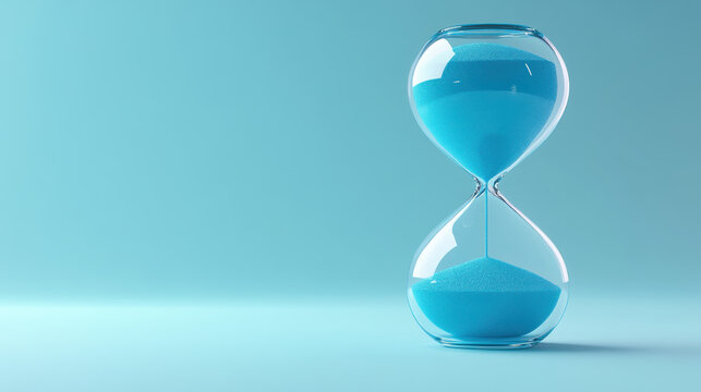 Close-up of a glass hourglass with blue sand on a light blue background, symbolizing time management and the passage of time.
