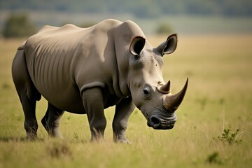Obraz premium White Rhino Walking Through Grassland. Wild Life.