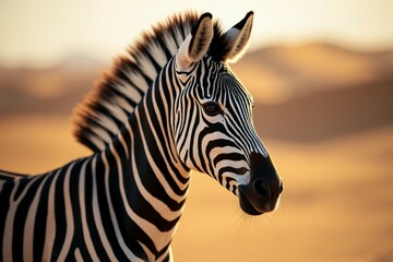 Naklejka premium Zebra Portrait in Golden Light. Wild Life.