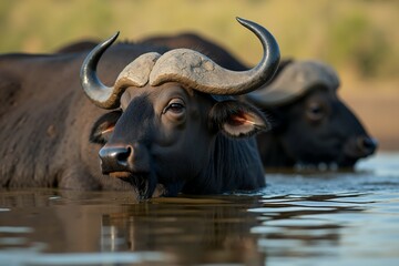 African Buffalo Cooling Off in a Waterhole. Wild Life.