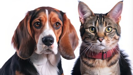Fototapeta premium Close-up portrait of a beagle and a tabby cat