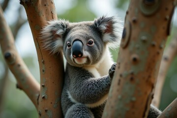 Naklejka premium Close-up of a Koala Sitting in a Tree Trunk. Wild Life.