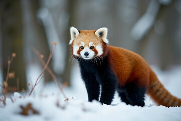 Red Panda in Snowy Forest. Wild Life.