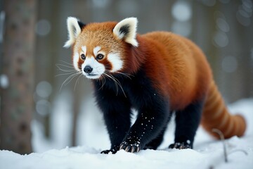 Red Panda Walking in Snow. Wild Life.