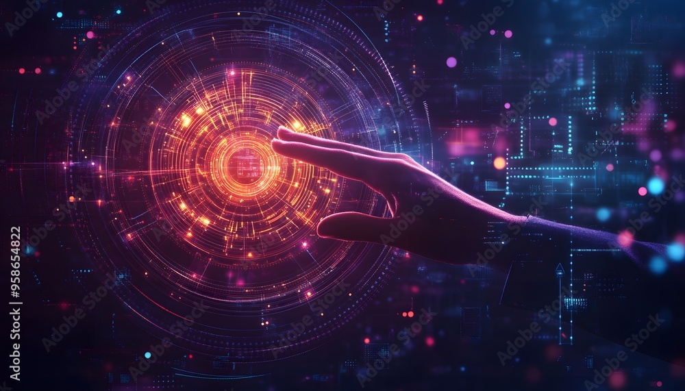 Poster hand interacting with a glowing circular interface
