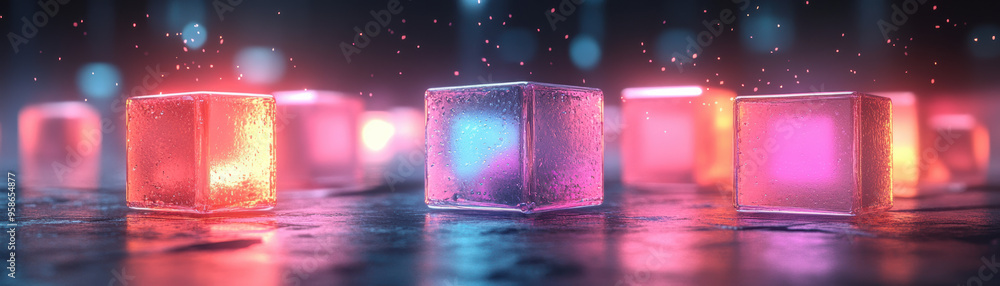 Poster vibrant ice cubes glowing in neon lights on a reflective surface, creating a mesmerizing and colorfu