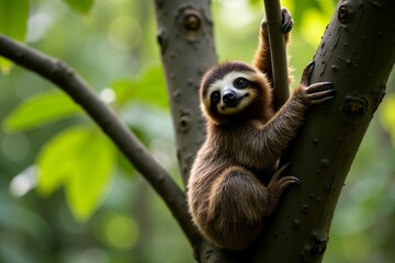 Adorable Sloth Hanging On A Tree Branch. Wild Life.
