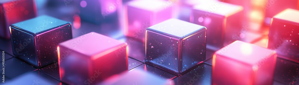 Poster vibrant neon cubes illuminated by dynamic light, creating a futuristic and captivating abstract back